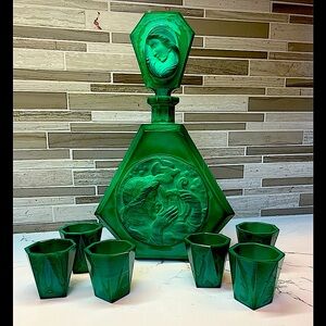 Antique Gorgeous Green Glass Carafe & 6 Shot Glasses from Greece